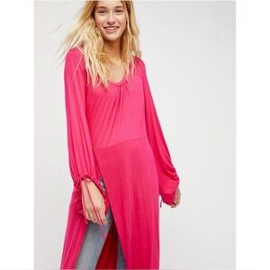 Free People Beach Dress Tie Sleeve Pink Constellation Tunic Slit Cover Up Boho L